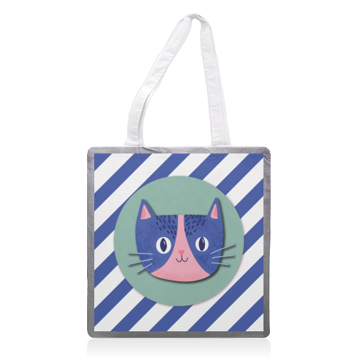 Blue Stripe Cute Cat - printed canvas tote bag by Mad Philomena