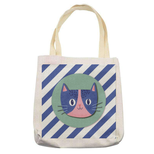Blue Stripe Cute Cat - printed canvas tote bag by Mad Philomena
