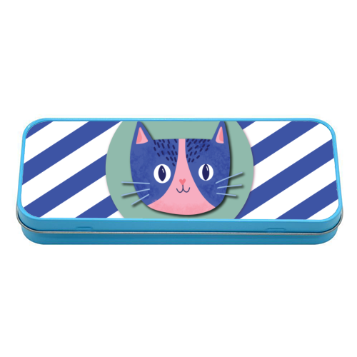 Blue Stripe Cute Cat - tin pencil case by Mad Philomena