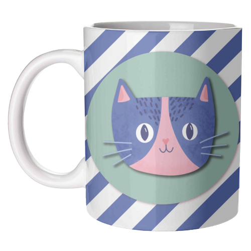 Blue Stripe Cute Cat - unique mug by Mad Philomena