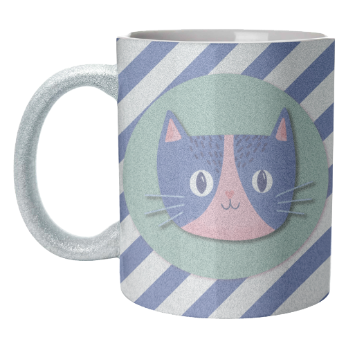 Blue Stripe Cute Cat - unique mug by Mad Philomena