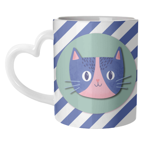 Blue Stripe Cute Cat - unique mug by Mad Philomena
