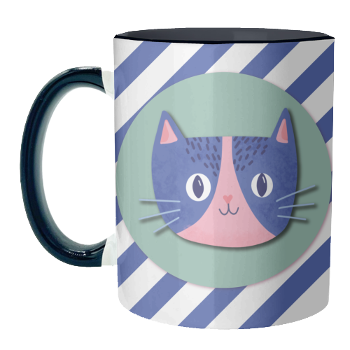 Blue Stripe Cute Cat - unique mug by Mad Philomena