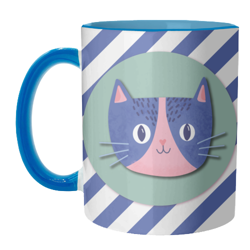 Blue Stripe Cute Cat - unique mug by Mad Philomena
