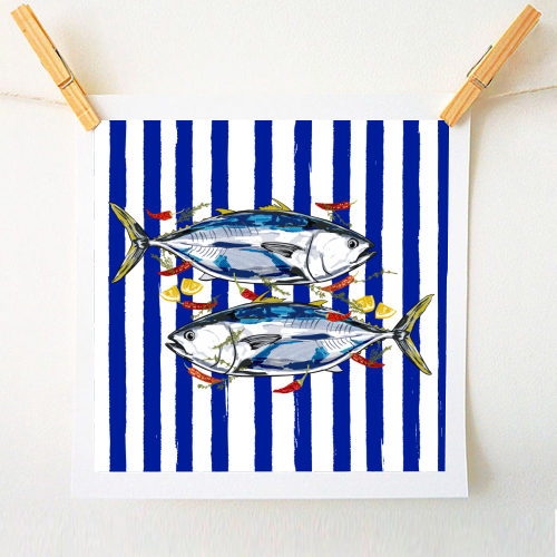 Blue Tuna with Herbs and Spices Retro Stripes - A1 - A4 art print by EZbie