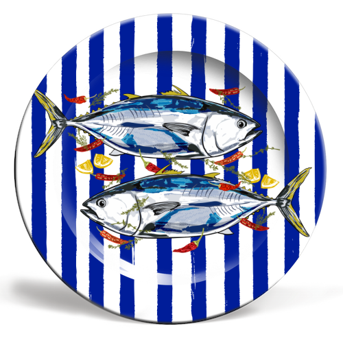 Blue Tuna with Herbs and Spices Retro Stripes - ceramic dinner plate by EZbie