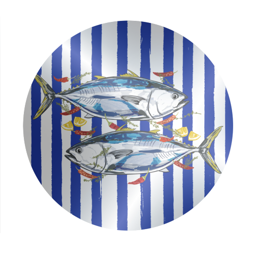 Blue Tuna with Herbs and Spices Retro Stripes - Circle Sticker by EZbie