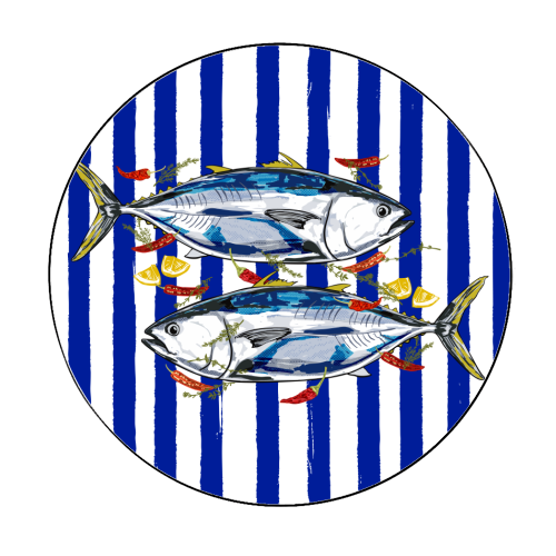 Blue Tuna with Herbs and Spices Retro Stripes - Circle Sticker by EZbie