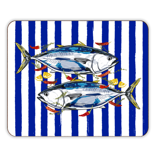 Blue Tuna with Herbs and Spices Retro Stripes - designer placemat by EZbie