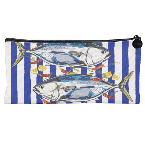 Blue Tuna with Herbs and Spices Retro Stripes - flat pencil case by EZbie
