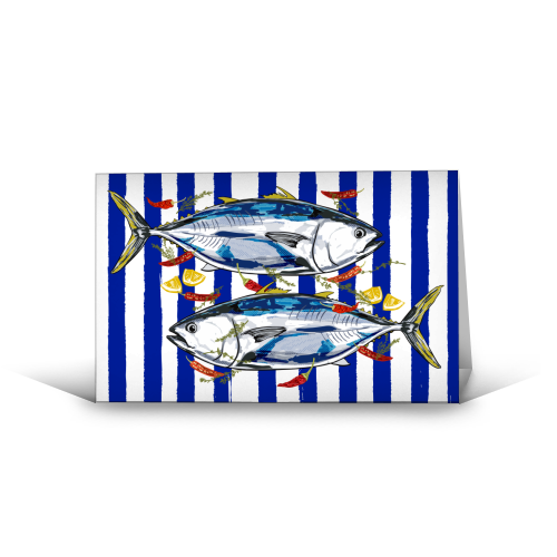 Blue Tuna with Herbs and Spices Retro Stripes - funny greeting card by EZbie