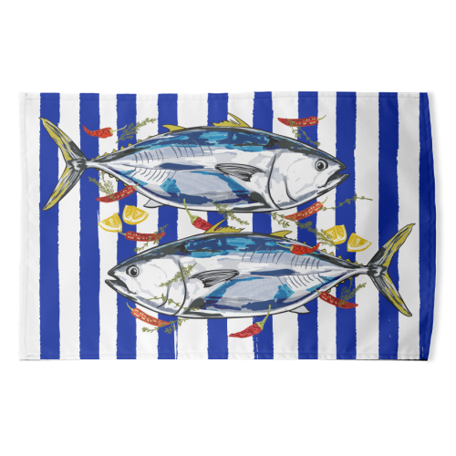 Blue Tuna with Herbs and Spices Retro Stripes - funny tea towel by EZbie