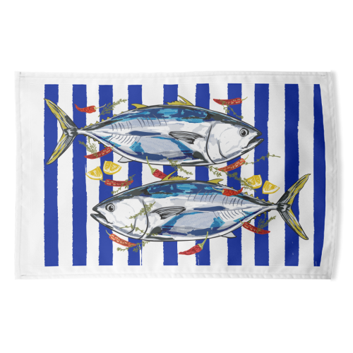 Blue Tuna with Herbs and Spices Retro Stripes - funny tea towel by EZbie