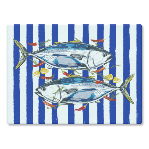 Blue Tuna with Herbs and Spices Retro Stripes - glass chopping board by EZbie