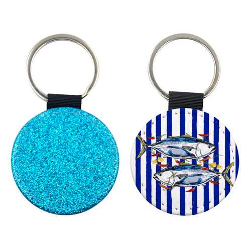 Blue Tuna with Herbs and Spices Retro Stripes - keyring by EZbie