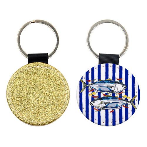 Blue Tuna with Herbs and Spices Retro Stripes - keyring by EZbie