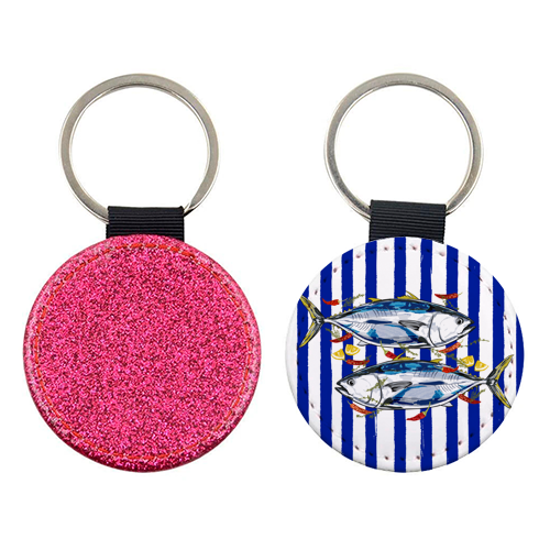 Blue Tuna with Herbs and Spices Retro Stripes - keyring by EZbie