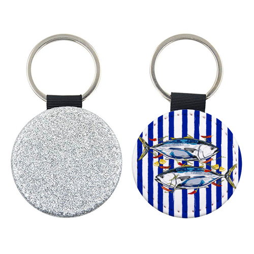 Blue Tuna with Herbs and Spices Retro Stripes - keyring by EZbie