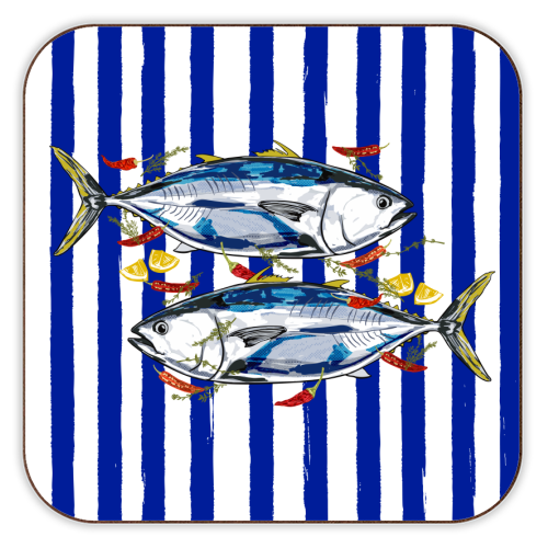 Blue Tuna with Herbs and Spices Retro Stripes - personalised beer coaster by EZbie