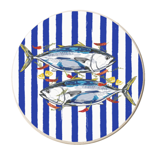 Blue Tuna with Herbs and Spices Retro Stripes - personalised beer coaster by EZbie