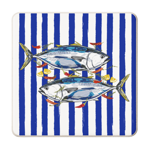 Blue Tuna with Herbs and Spices Retro Stripes - personalised beer coaster by EZbie