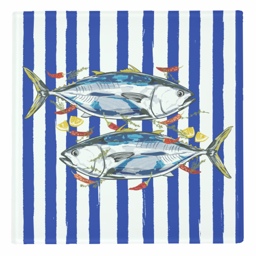 Blue Tuna with Herbs and Spices Retro Stripes - personalised beer coaster by EZbie