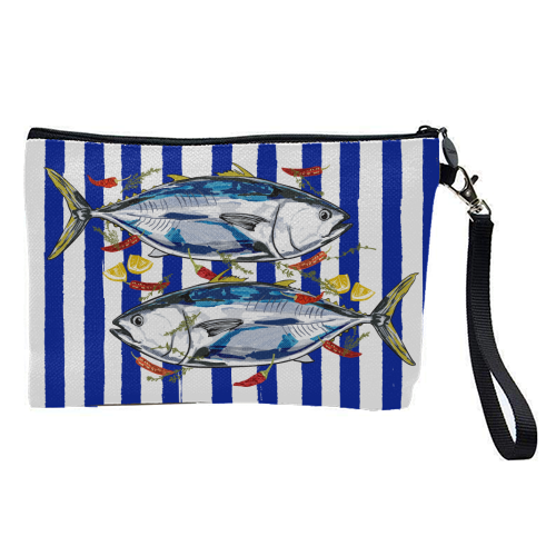 Blue Tuna with Herbs and Spices Retro Stripes - pretty makeup bag by EZbie