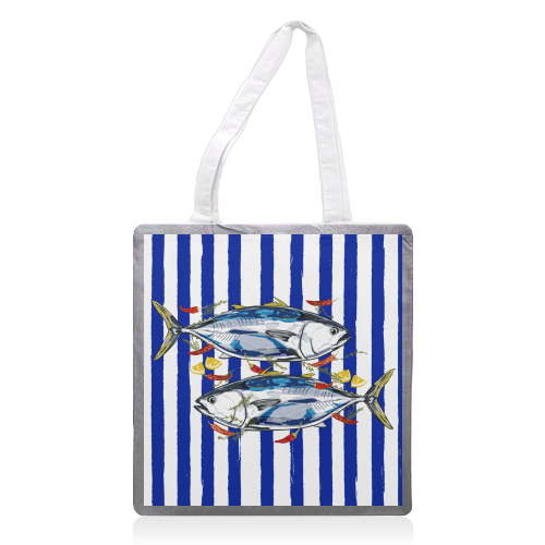 Blue Tuna with Herbs and Spices Retro Stripes - printed canvas tote bag by EZbie