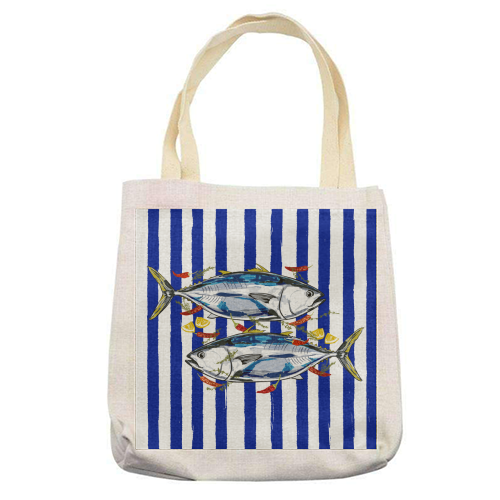 Blue Tuna with Herbs and Spices Retro Stripes - printed canvas tote bag by EZbie
