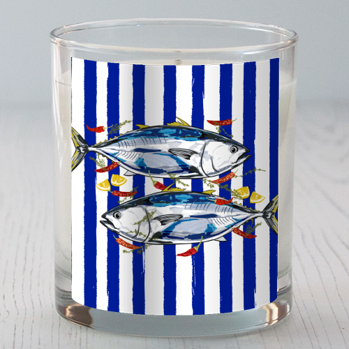 Blue Tuna with Herbs and Spices Retro Stripes - scented candle by EZbie