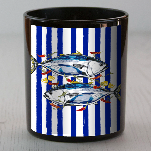 Blue Tuna with Herbs and Spices Retro Stripes - scented candle by EZbie