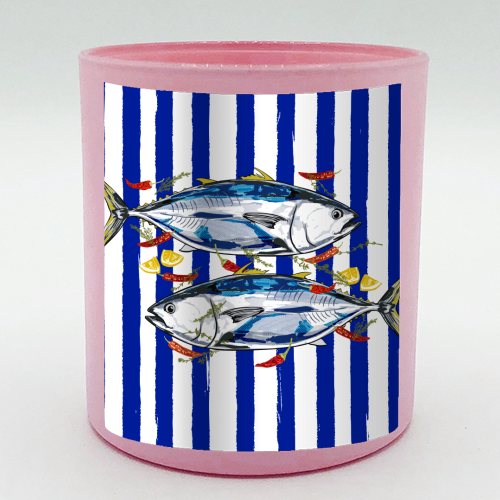 Blue Tuna with Herbs and Spices Retro Stripes - scented candle by EZbie