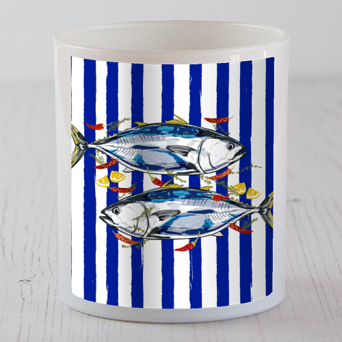 Blue Tuna with Herbs and Spices Retro Stripes - scented candle by EZbie