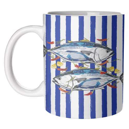 Blue Tuna with Herbs and Spices Retro Stripes - unique mug by EZbie
