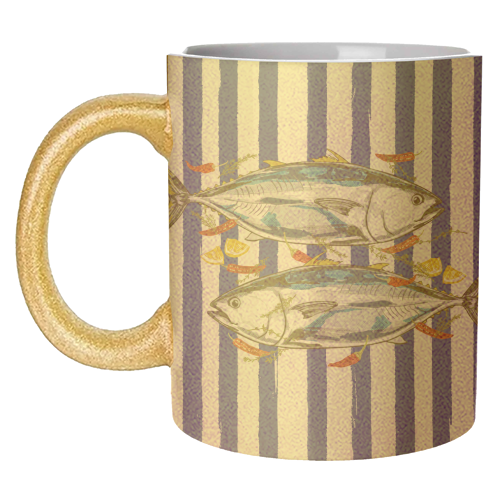 Blue Tuna with Herbs and Spices Retro Stripes - unique mug by EZbie
