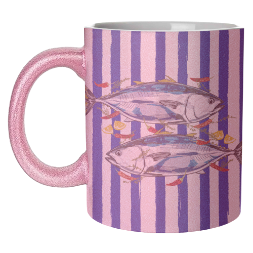 Blue Tuna with Herbs and Spices Retro Stripes - unique mug by EZbie