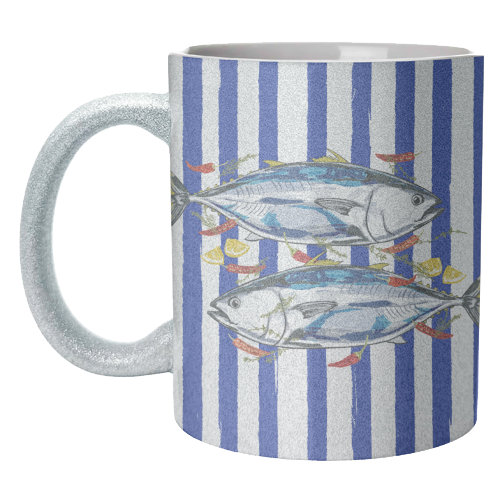 Blue Tuna with Herbs and Spices Retro Stripes - unique mug by EZbie