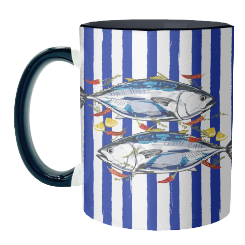 Blue Tuna with Herbs and Spices Retro Stripes - unique mug by EZbie