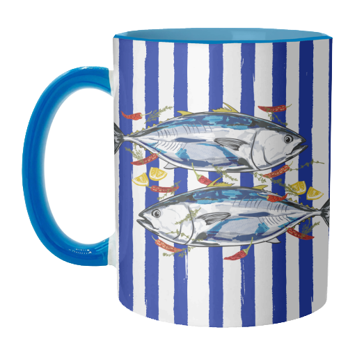 Blue Tuna with Herbs and Spices Retro Stripes - unique mug by EZbie