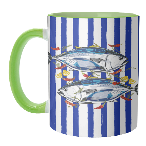 Blue Tuna with Herbs and Spices Retro Stripes - unique mug by EZbie