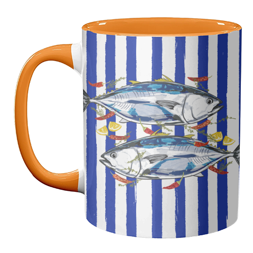 Blue Tuna with Herbs and Spices Retro Stripes - unique mug by EZbie