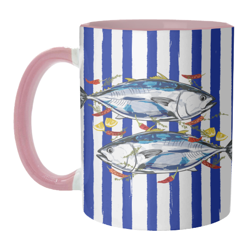 Blue Tuna with Herbs and Spices Retro Stripes - unique mug by EZbie