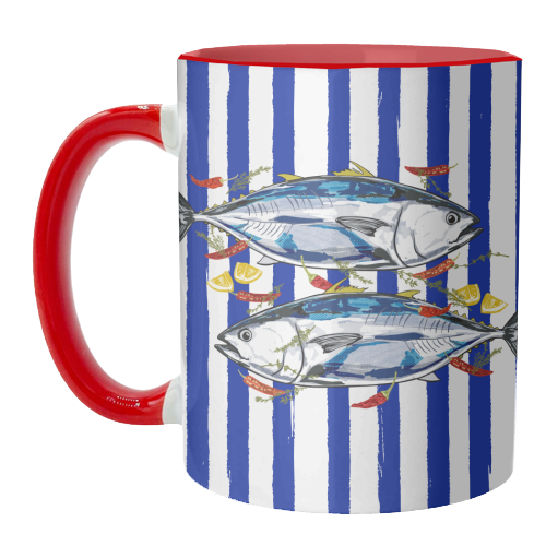 Blue Tuna with Herbs and Spices Retro Stripes - unique mug by EZbie