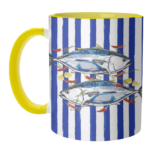 Blue Tuna with Herbs and Spices Retro Stripes - unique mug by EZbie