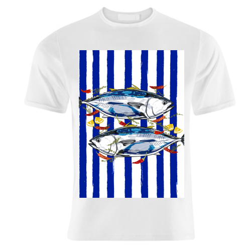 Blue Tuna with Herbs and Spices Retro Stripes - unique t shirt by EZbie