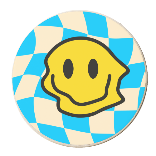 Blue Wavy Smiley Bold Graphic Design Gen Z Y2K Giftware - personalised beer coaster by AbiGoLucky