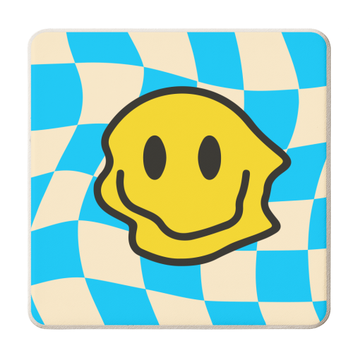 Blue Wavy Smiley Bold Graphic Design Gen Z Y2K Giftware - personalised beer coaster by AbiGoLucky