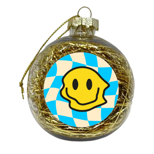 Blue Wavy Smiley Bold Graphic Design Gen Z Y2K Giftware - xmas bauble by AbiGoLucky