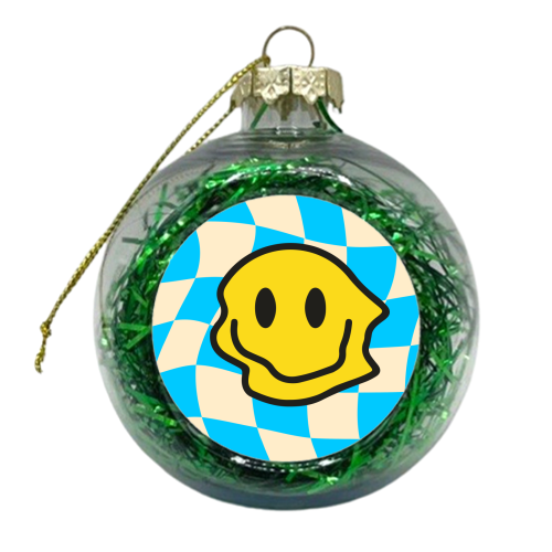Blue Wavy Smiley Bold Graphic Design Gen Z Y2K Giftware - xmas bauble by AbiGoLucky