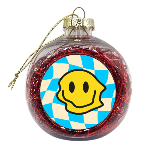Blue Wavy Smiley Bold Graphic Design Gen Z Y2K Giftware - xmas bauble by AbiGoLucky